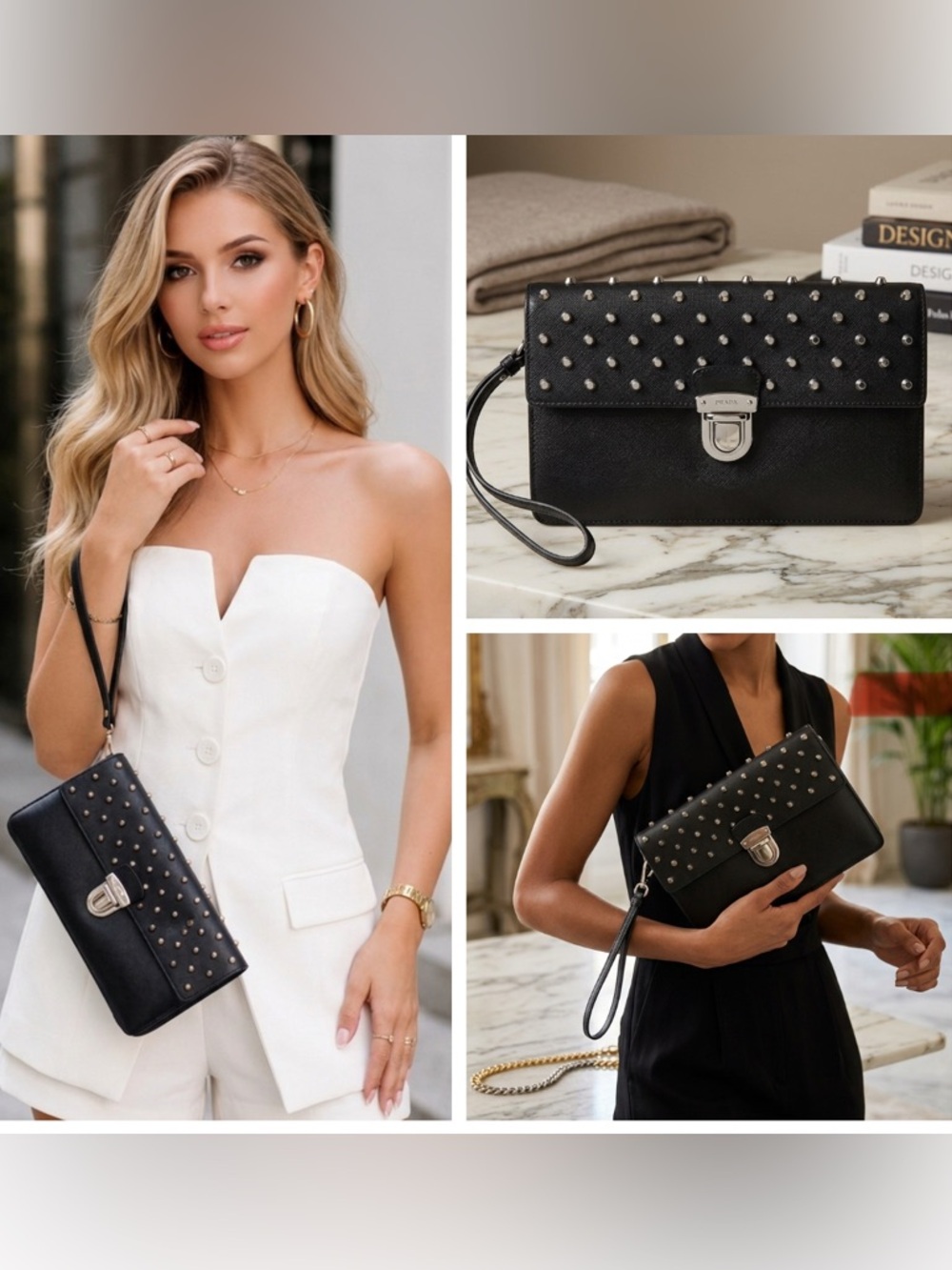 Prada Saffiano Leather Studded Clutch Wristlet Black Silver Hardware Y2K